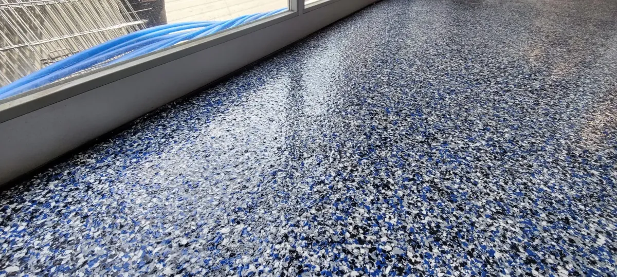 Blue flake full broadcast garage floor NJ