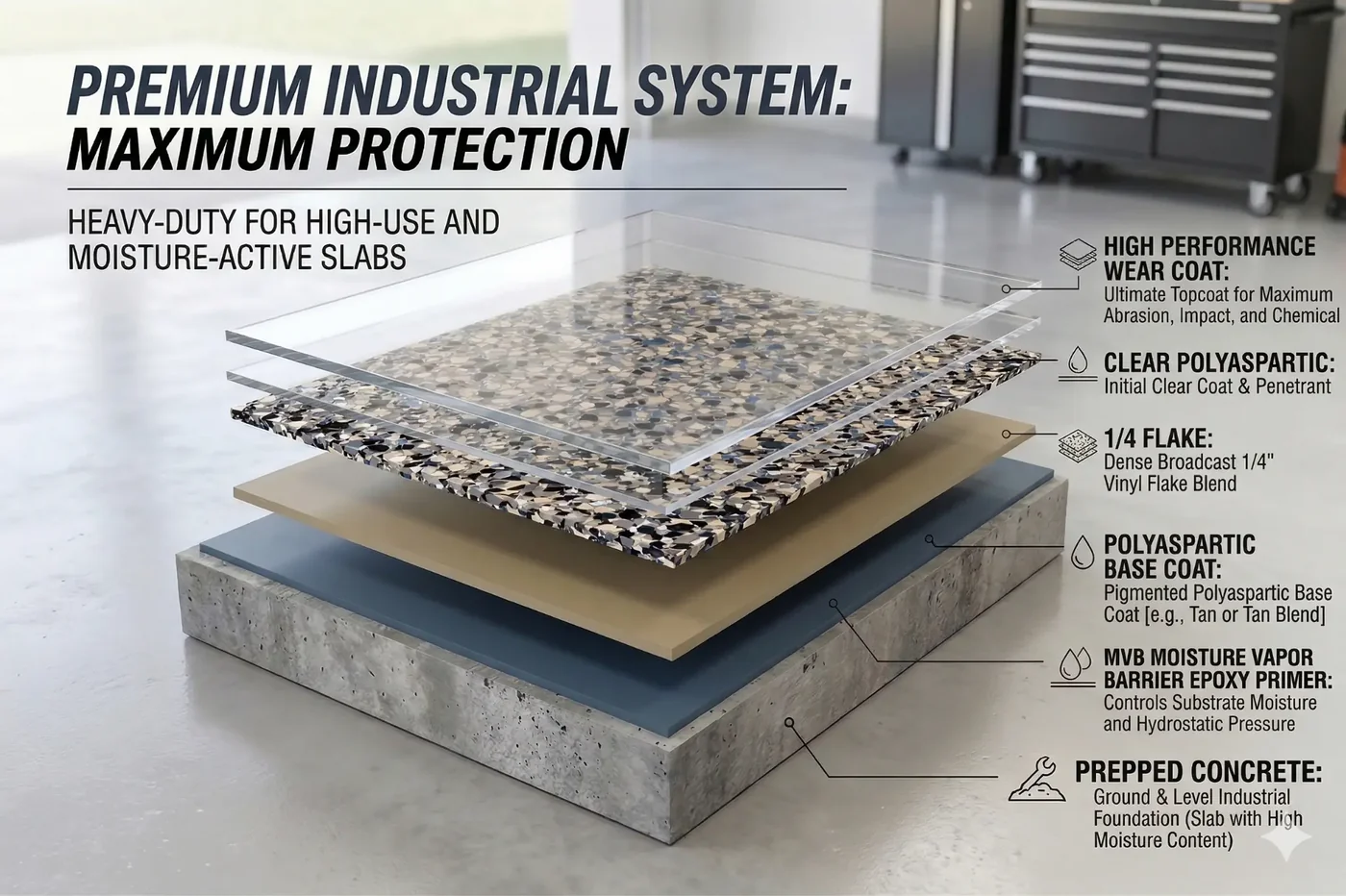 Premium Industrial System — 7-layer garage floor coating diagram NJ